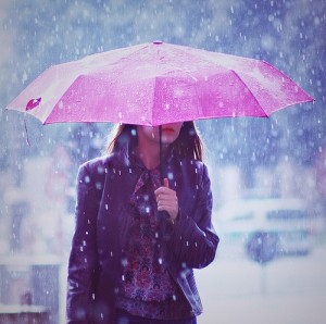 Girl With Pink Umbrella in Rain