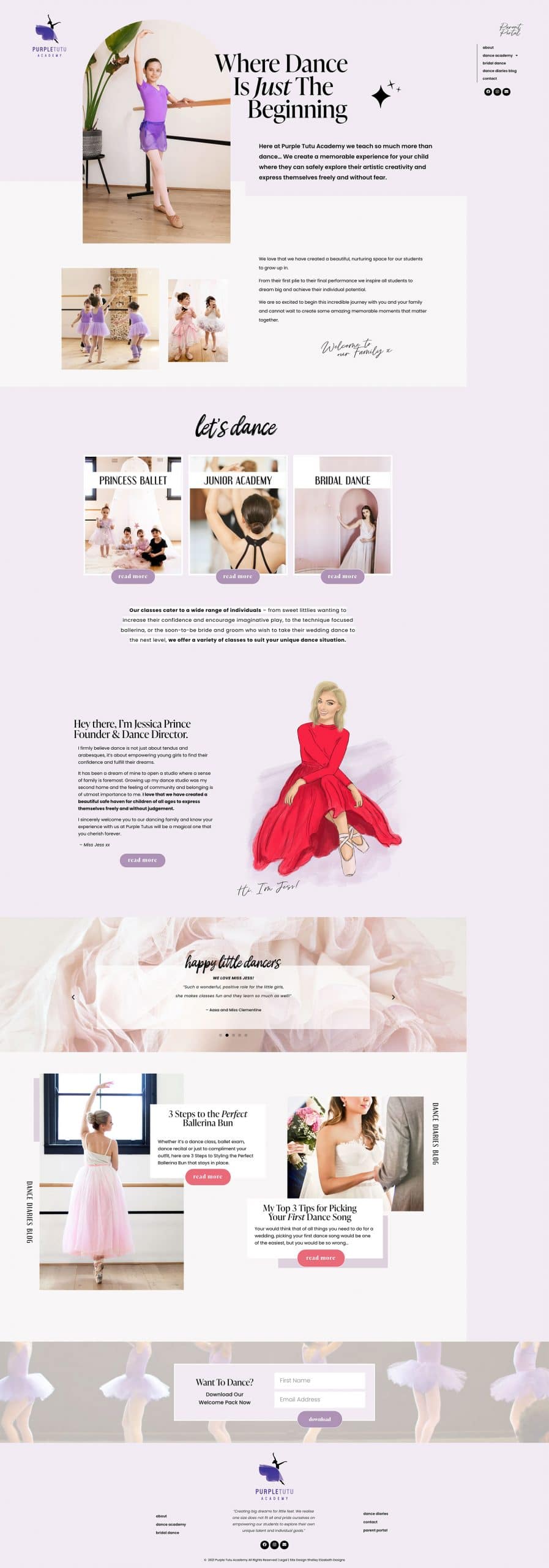 Purple Tutu Academy Custom WordPress Website Design by Shelley Elizabeth Designs
