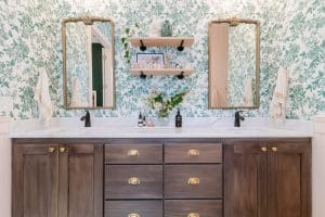 Cottage Inspired Bathroom Renovation Grandmillennial Interior Style Design by Shelley Elizabeth Designs