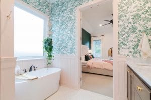Cottage Inspired Bathroom Renovation Grandmillennial Interior Style Design by Shelley Elizabeth Designs