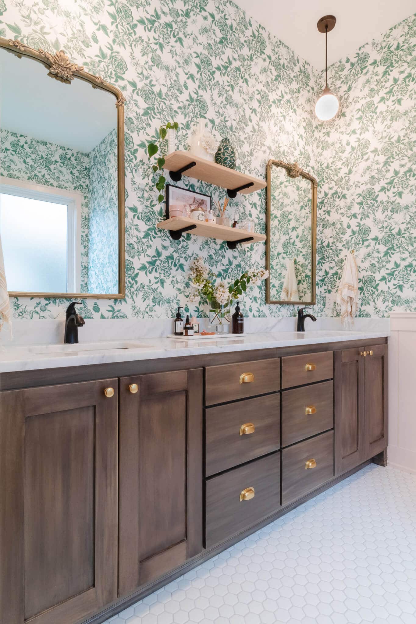 Cottage Inspired Bathroom Renovation Grandmillennial Interior Style Design by Shelley Elizabeth Designs